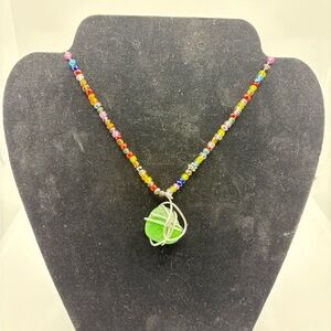 Colorful Beaded Necklace with Green Beach Glass Pendant